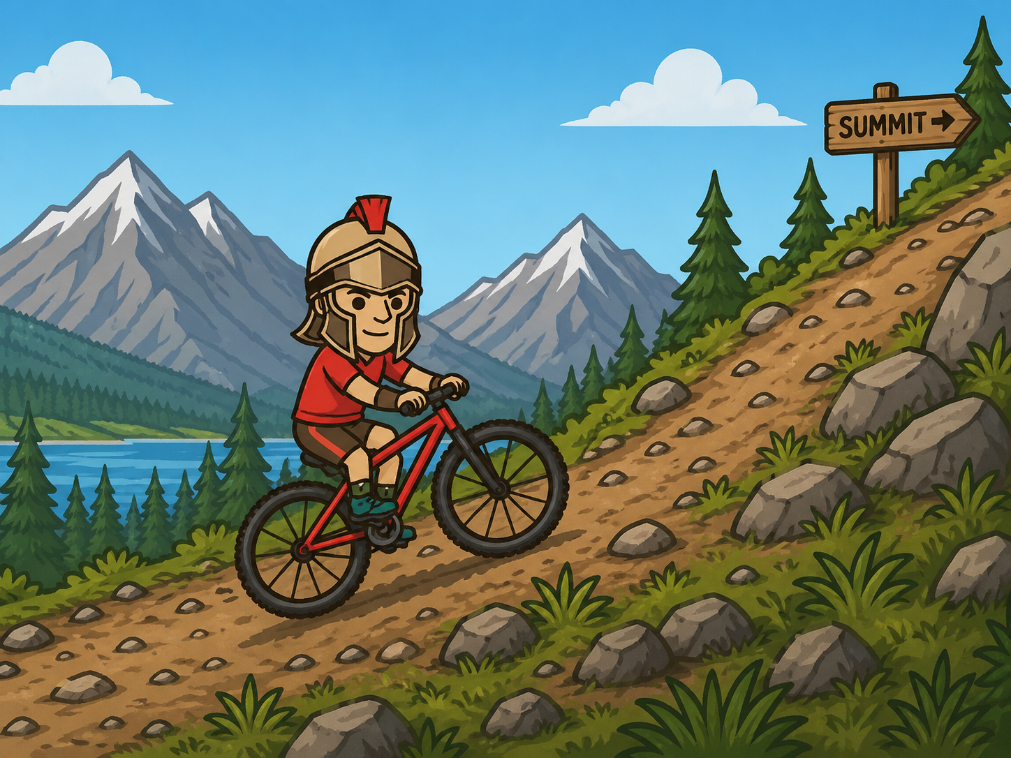 character riding a bike up a hill